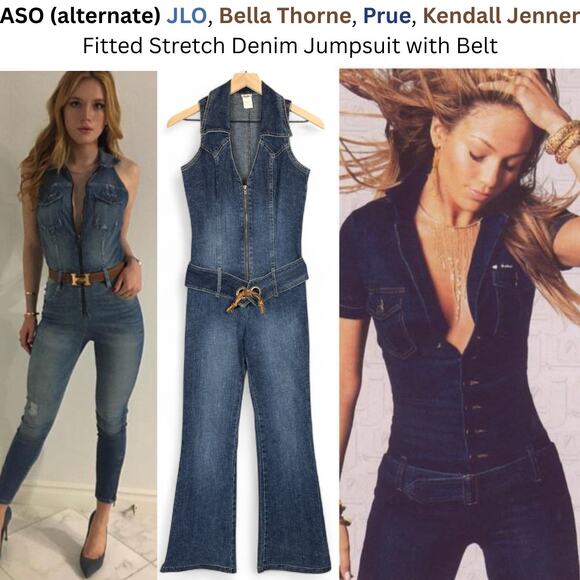 ASO JLO Vintage ALT Denim Jumpsuit Angie Retro 70sFlare Collared Zip Belted S